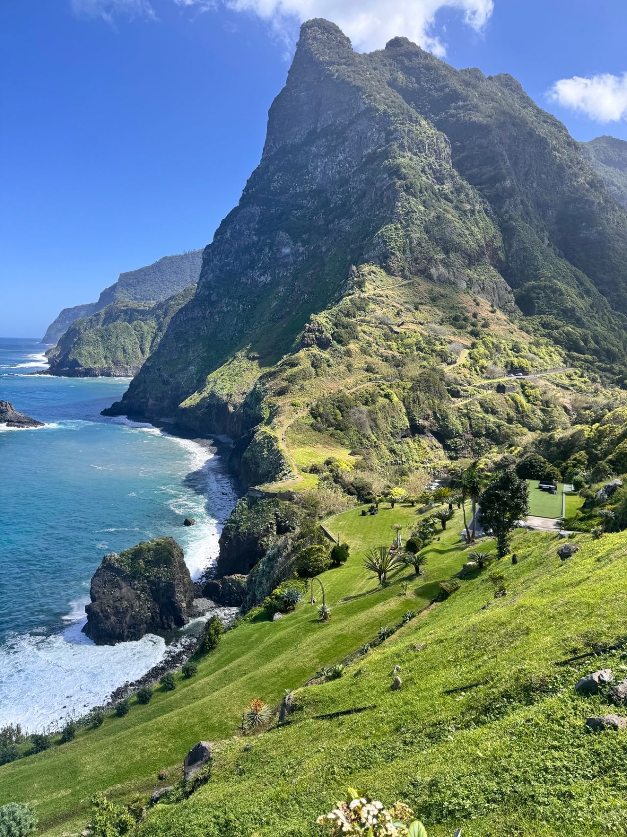 Miradouro de São Cristóvão — green volcanic cliffs above the Atlantic near Boa Ventura, Madeira's north coast